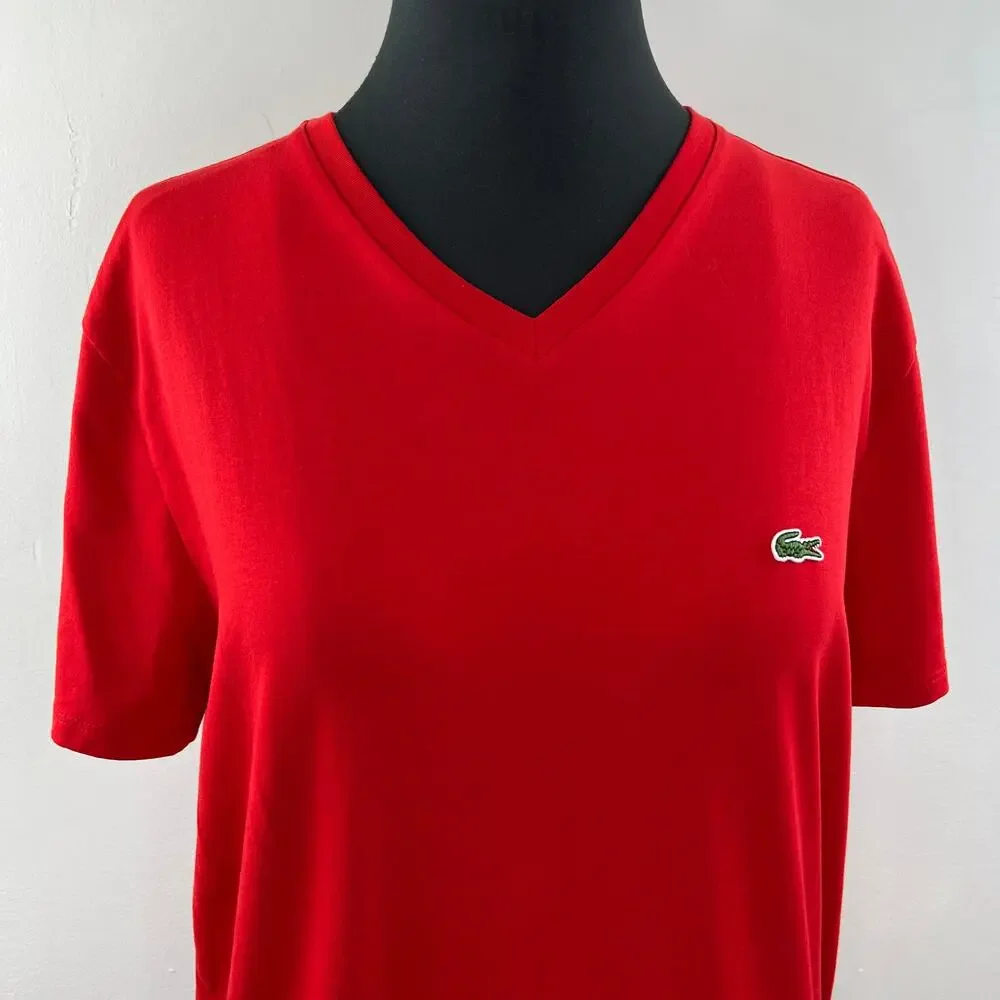 LACOSTE Red Pima Cotton V-Neckline Short Sleeve Embroidered Logo T-Shirt Size M